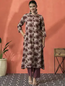 Sangria Floral Printed Mandarin Collar Three-Quarter Sleeves A-Line Kurta