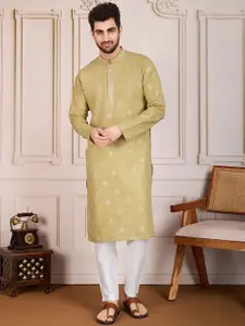 House of Pataudi Pushpa Geometric Embroidered Mandarin Collar Pure Cotton Straight Kurta