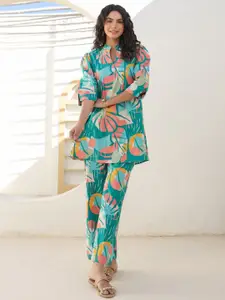 JISORA Printed Pure Cotton Mandarin Collar Top & Trousers Co-ord Set