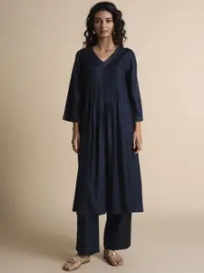 Global Desi V-Neck Thread Work Pleated A-Line Kurta