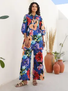 JISORA Floral Printed Pure Cotton Top & Trouser Co-ord Set