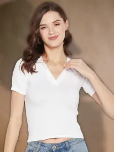 all about you Women Shirt Collar Ribbed Fitted Crop Top