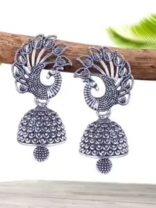 DIVASTRI Set Of 5 Silver-Plated Peacock Shaped Oxidised Jhumkas