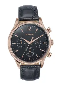 Sonata Wedding Edit Men Embellished Dial & Leather Analogue Watch 77146WL02