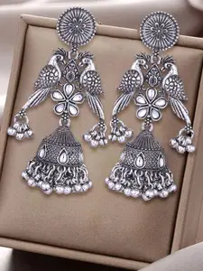 MEENAZ Silver-Plated Oxidised Artificial Stone Studded Dome Shaped Jhumkas