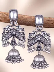 MEENAZ Silver-Plated Oxidised Artificial Stones Studded Dome Shaped Jhumkas