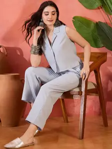 Sangria Self Design Sleeveless Top With Trousers