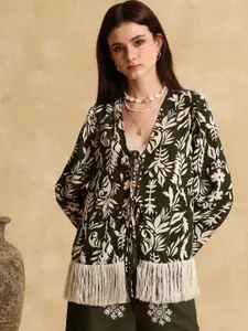 Kazo Floral Printed Tie-Up Open Front Shrug