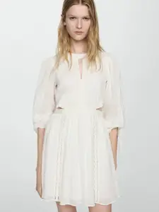 MANGO Cotton Puff Sleeves Lace Inserted A-Line Mini Dress