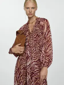 MANGO Animal Print Puff Sleeve A-Line Midi Dress with Belt