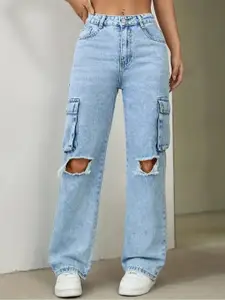 DressBerry Women Comfort Wide Leg High-Rise Slash Knee Light Fade Acid Wash Stretchable Jeans