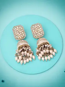 Lyriss Gold-Plated Artificial Stones Studded And Beaded Dome Shaped Drop Earrings