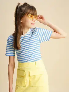 Vero Moda Girls Striped Drop-Shoulder Sleeves Pockets T-shirt