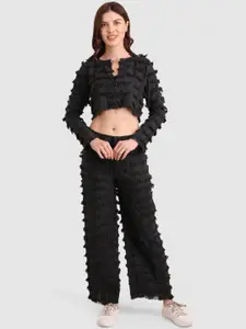 fabbit Women Self Design Notch Neck Top & Trousers