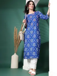 Sangria Bandhani Printed Notch Neck Mirror Work Pure Cotton Straight Kurta
