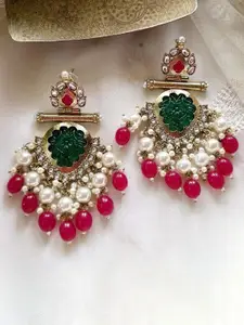 Lyriss Gold Plated Artificial Stones Studded and Beaded Contemporary Shaped Drop Earrings