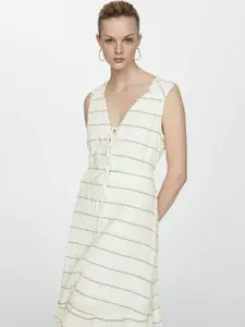 MANGO Striped Tie-Up Neck Fit & Flare Midi Dress