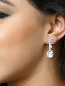 DIVASTRI Rhodium-Plated Cubic Zirconia Studded Drop Earrings