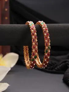 Jazz and Sizzle Set Of 2 18K Gold-Plated Artificial Stones Studded & Pearl Beaded Bangles