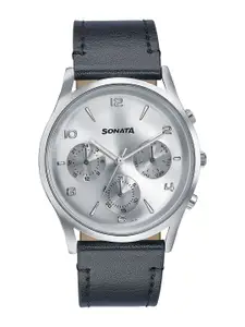 Sonata Men Embellished Dial & Leather Straps Analogue Watch 77140SL02