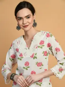 SEEDS OF FUSION Printed V-Neck Cold-Shoulder Sleeves Maternity Pleated Pathani Kurti