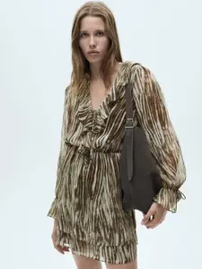 MANGO Abstract Print Bell Sleeve Ruffled Empire Dress