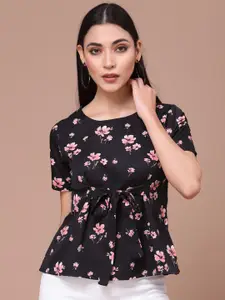 Oomph! Floral Print Crepe Cinched Waist Top