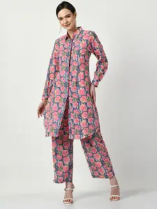 SEEDS OF FUSION Floral Printed Shirt Collar Pure Cotton Kurti