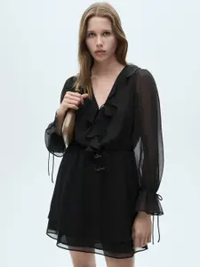 MANGO V-Neck Puff Sleeve A-Line Mini Dress