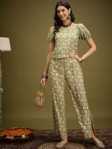 Sangria Ethnic Motifs Printed Round Neck Puff Sleeves Top & Trousers