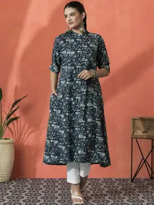 Sangria Floral Printed Mandarin Collar Panelled Pure Cotton A-Line Kurta