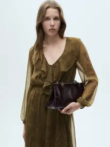 MANGO Ethnic Motifs Print Puff Sleeve Ruffled A-Line Midi Dress