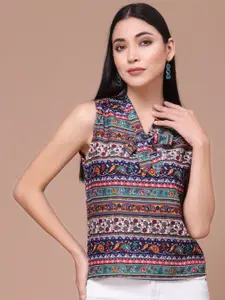Oomph! Tribal Print Tie-Up Neck Crepe Top
