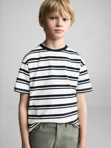 Mango Kids Boys Striped Drop-Shoulder Sleeves Cotton T-shirt