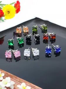 PRIVIU Set of 8 Rhodium Plated American Diamond Square Shaped Studs