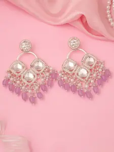 Lyriss Gold-Plated Artificial Stones Studded And Beaded Diamond Shaped Drop Earrings