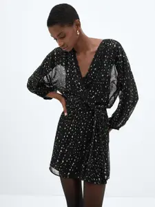 MANGO Printed Puff Sleeves Mini Wrap Dress