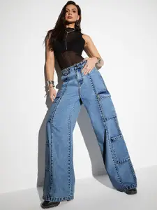 Miss Chase Women Wide Leg High-Rise No Fade Light Shade Cargo Jeans