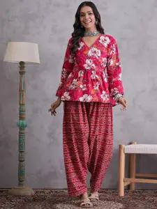 Sangria Floral Printed V Neck Pure Cotton Peplum Top & Trousers