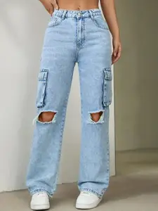 DressBerry Women Comfort Wide Leg High-Rise Slash Knee Light Fade Acid Wash Stretchable Jeans