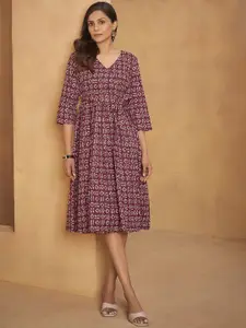 Anouk Printed Pure Cotton Belted A-Line Ethnic Dress