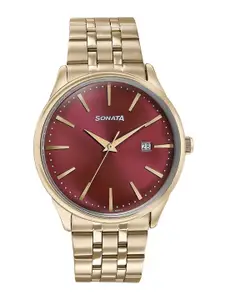 Sonata  Men Embellished Round Dial & Stainless Steel Straps Analogue Watch 77166YM02