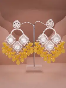 Lyriss Gold Plated Artificial Stone Studded & Beaded Diamond Shaped Drop Earrings