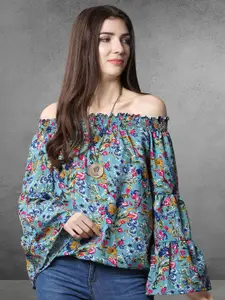 Oomph! Floral Print Off-Shoulder Flared Sleeve Smocked Crepe Top