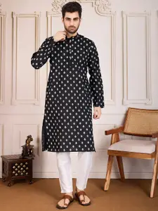 House of Pataudi Vishnu Ethnic Motifs Printed Mandarin Collar Cotton Straight Kurta