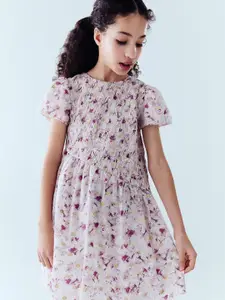 Mango Kids Girls Floral Print Puff Sleeves A-Line Dress