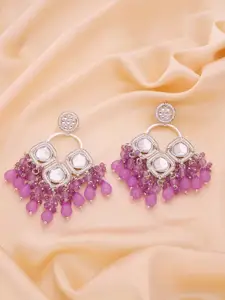 Lyriss Gold-Plated Artificial Stones Studded And Beaded Diamond Shaped Drop Earrings