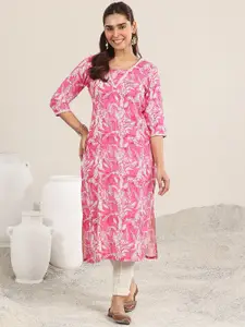 Libas Floral Printed Thread Work V-NECK Straight Kurta