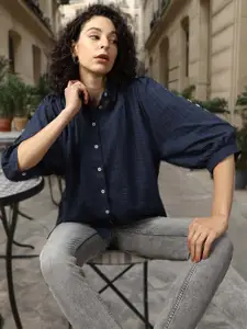 High Star Women Boxy Spread Collar Checked Cotton Geathers At Shoulder Casual Shirt