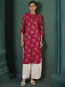 Anouk Floral Printed Mandarin Collar Pure Cotton Straight Kurta